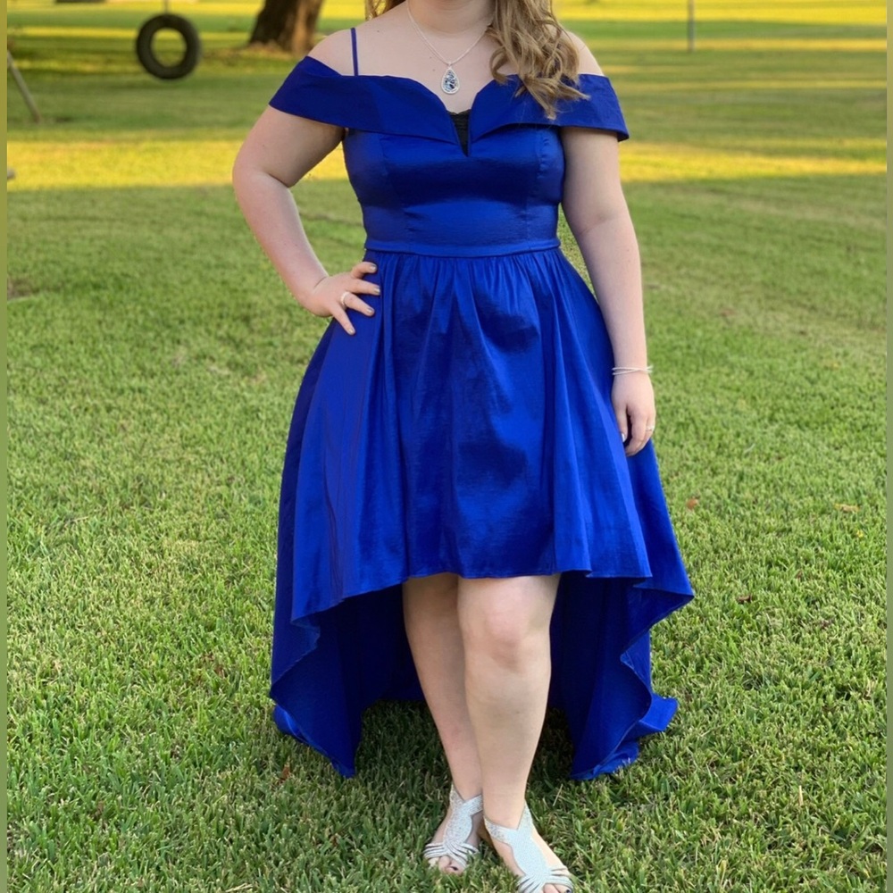 B. Darlin high low royal blue off the shoulder formal/prom